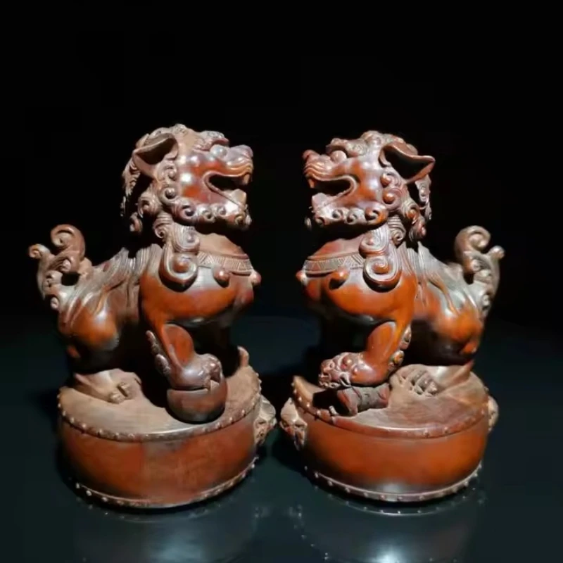 Antique Old Collection Boxwood Carving Statue-Lion, A Pair,Free Shipping