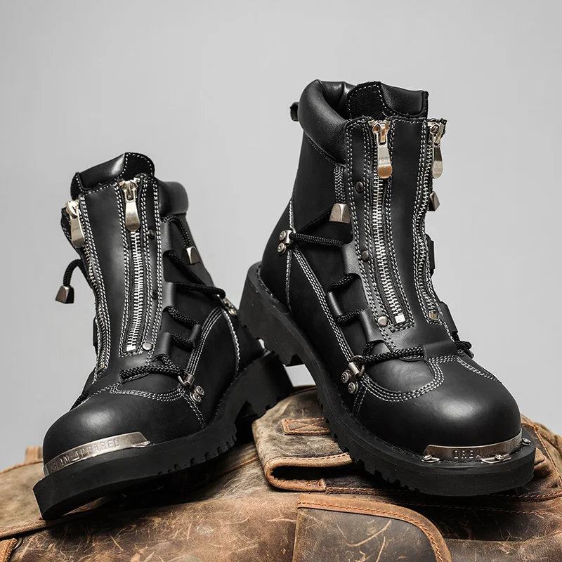 High Quality Men's Knight Boots Men Snow Boots Metal Rivets Low Heel Trend Punk Rock Leather Winter Cotton Shoes Motorcycle Boot