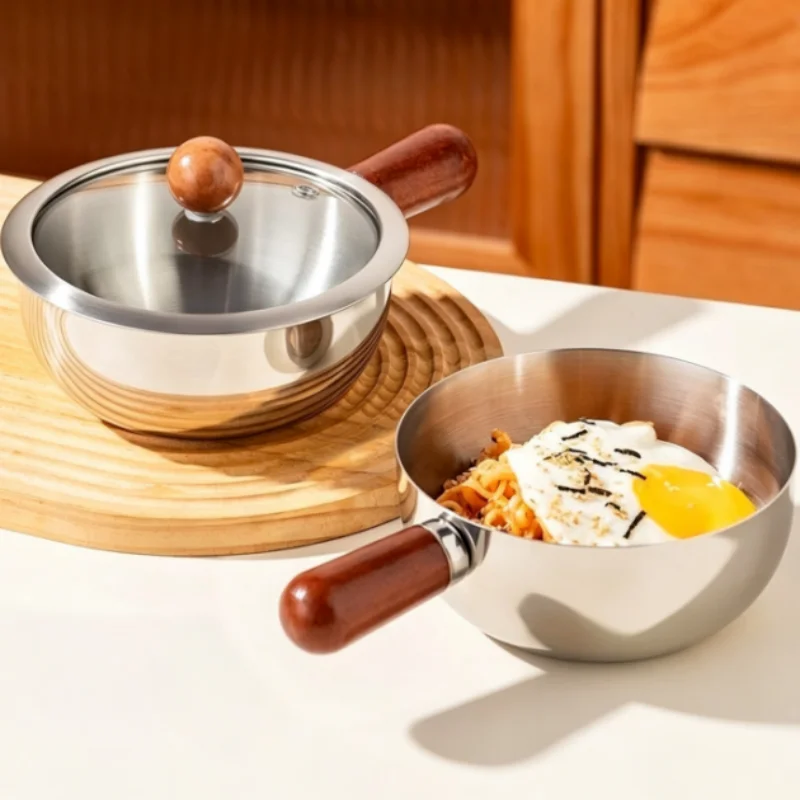 1pc Stainless Steel Pot with Heat-Resistant Wooden Handle - Induction Compatible, Non-Slip Base, Even Heat Distribution Milk Pot