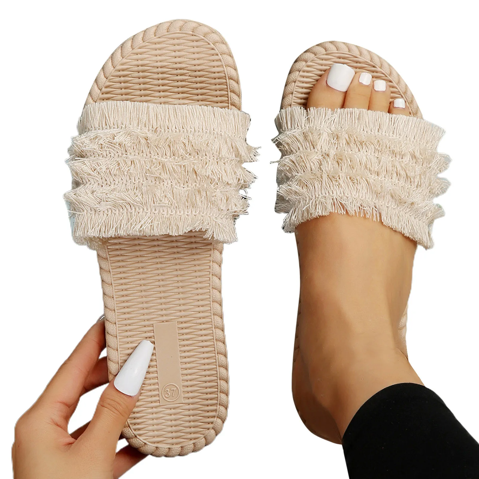 Ladies Fashion Summer Solid Color Tassel Fabric Face Open Toe Flat Bottom Grass Woven Womens Spa Slippers with Arch Support