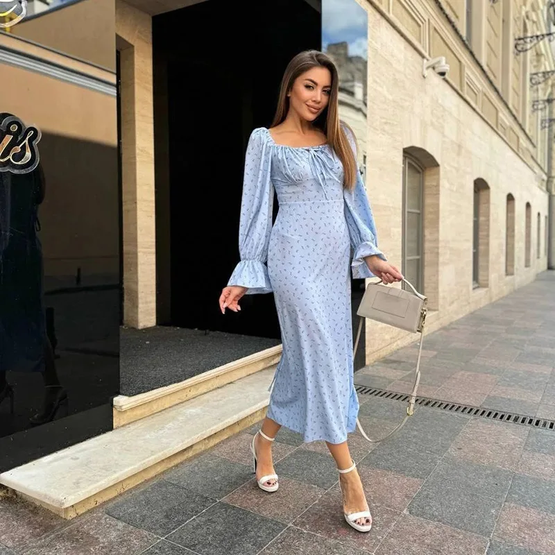 YJ24348 Herfst 2024 Nieuwe Stijl Bodycon Modieuze Lange Mouw Bloemen Stropdas Slim Fit Jurk Voor Vrouwen