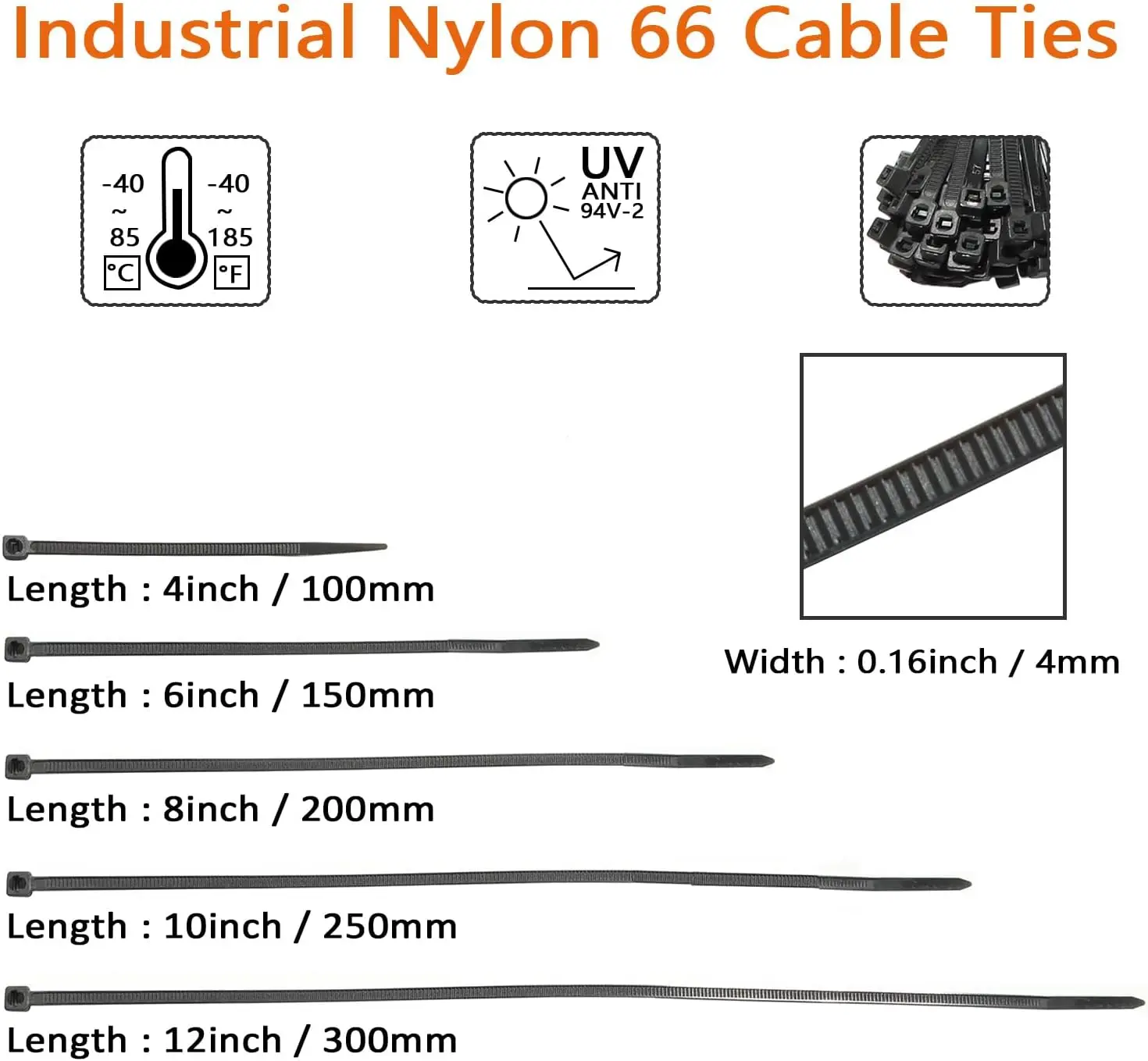 Cable ties in various sizes 700 packs of 4/6/8/10/12 0.16 inch wide cable ties hybrid nylon self-locking black small cable ties