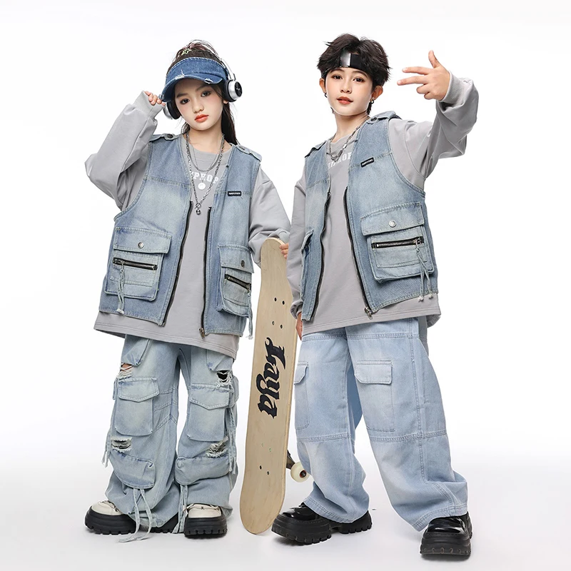 Ropa de baile callejero para niños y niñas, chaleco vaquero Retro suelto de Hip Hop, conjunto de ropa de escenario para actuaciones de Jazz, DQS17532