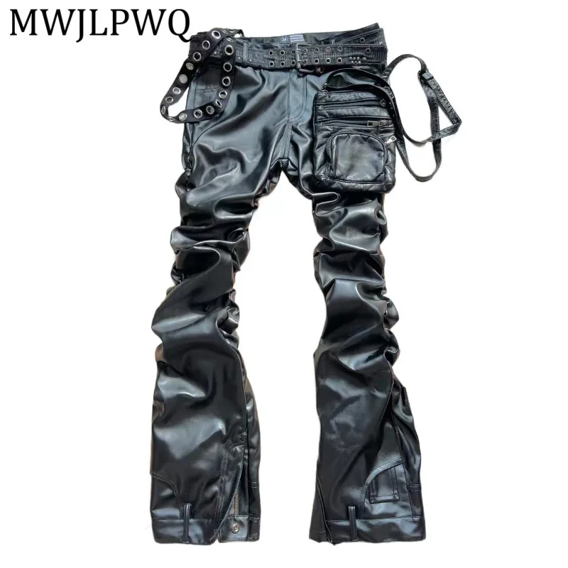 MWJLPWQ Hiphop Style Pocket Design Black Leather Pants Spliced Pleated Niched Punk Slimming Flared Trousers Spring Autumn 16373