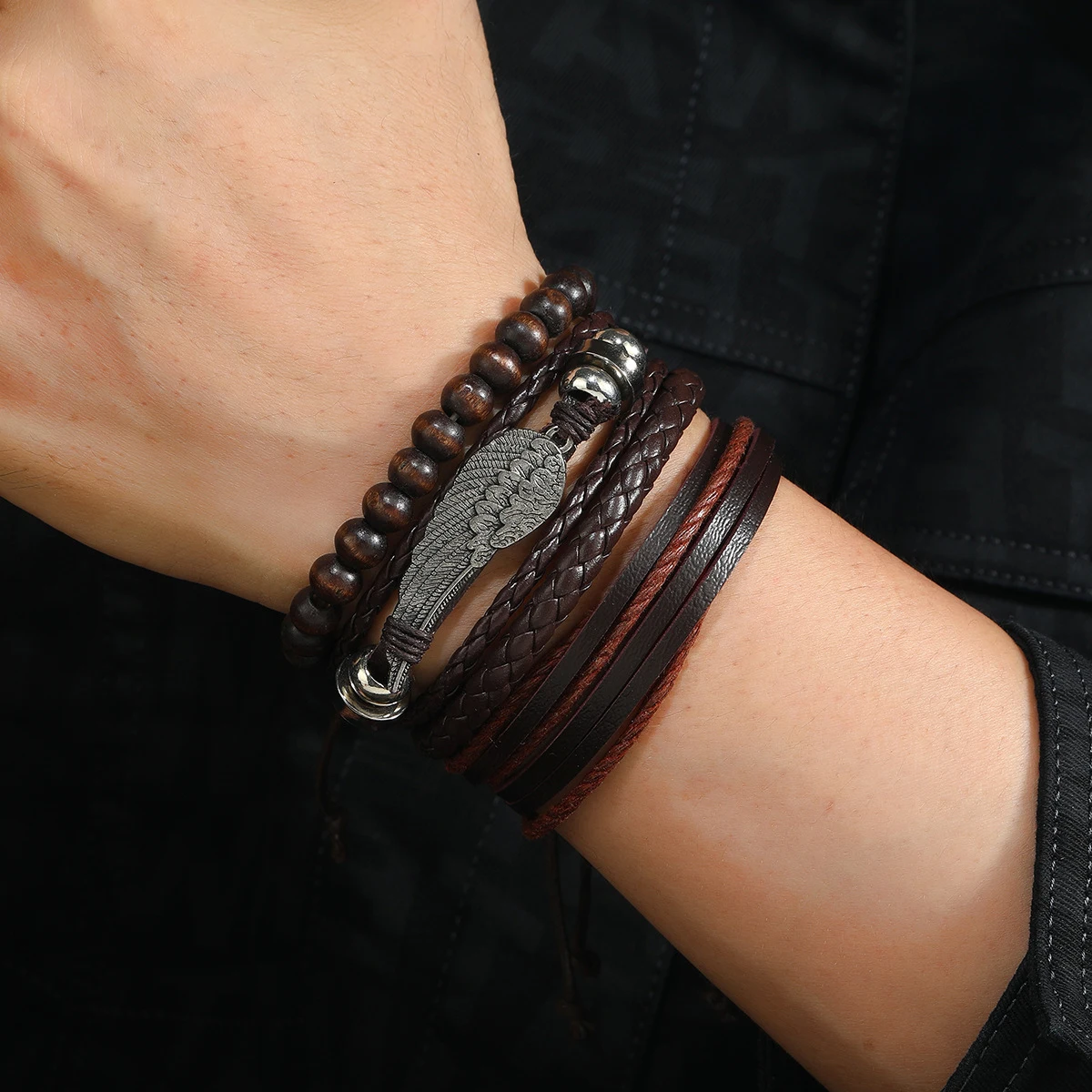 Leather Bracelet For Men New Fashion Feather Retro Style Bracelet Beads, Hand-Diy Woven Leather Bracelet Set