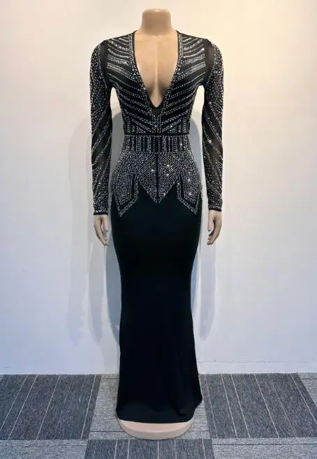 

Womens Dresses 2025 Spring Autumn Sexy Deep V-Neck Rhinestone Decor Long Sleeve Slim Fit Hip Hugging Casual Long Dress