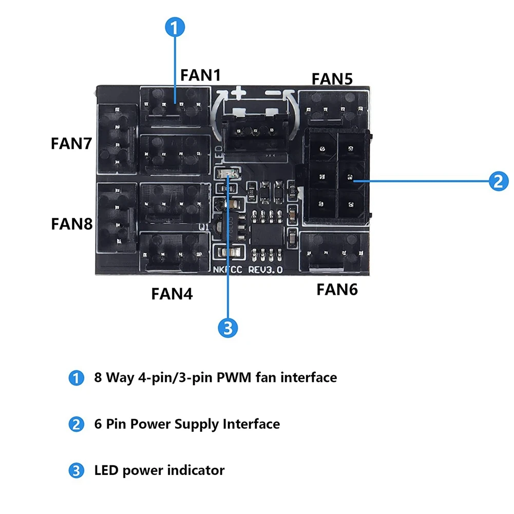 Adaptador de ventilador de 3 pines y 4 pines, regulador de cubo de ventilador de refrigeración de chasis de PC PWM, divisor de 8 vías, controlador de velocidad de 12V con puerto de alimentación de 6 pines