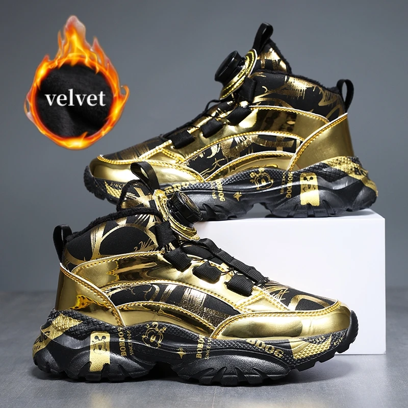 

Winter High Top Sneakers Kids Trainers Rotary Buckle Gold Glitter Designer Shoes Boys Comfy Warm Velvet Children's Sports Shoes