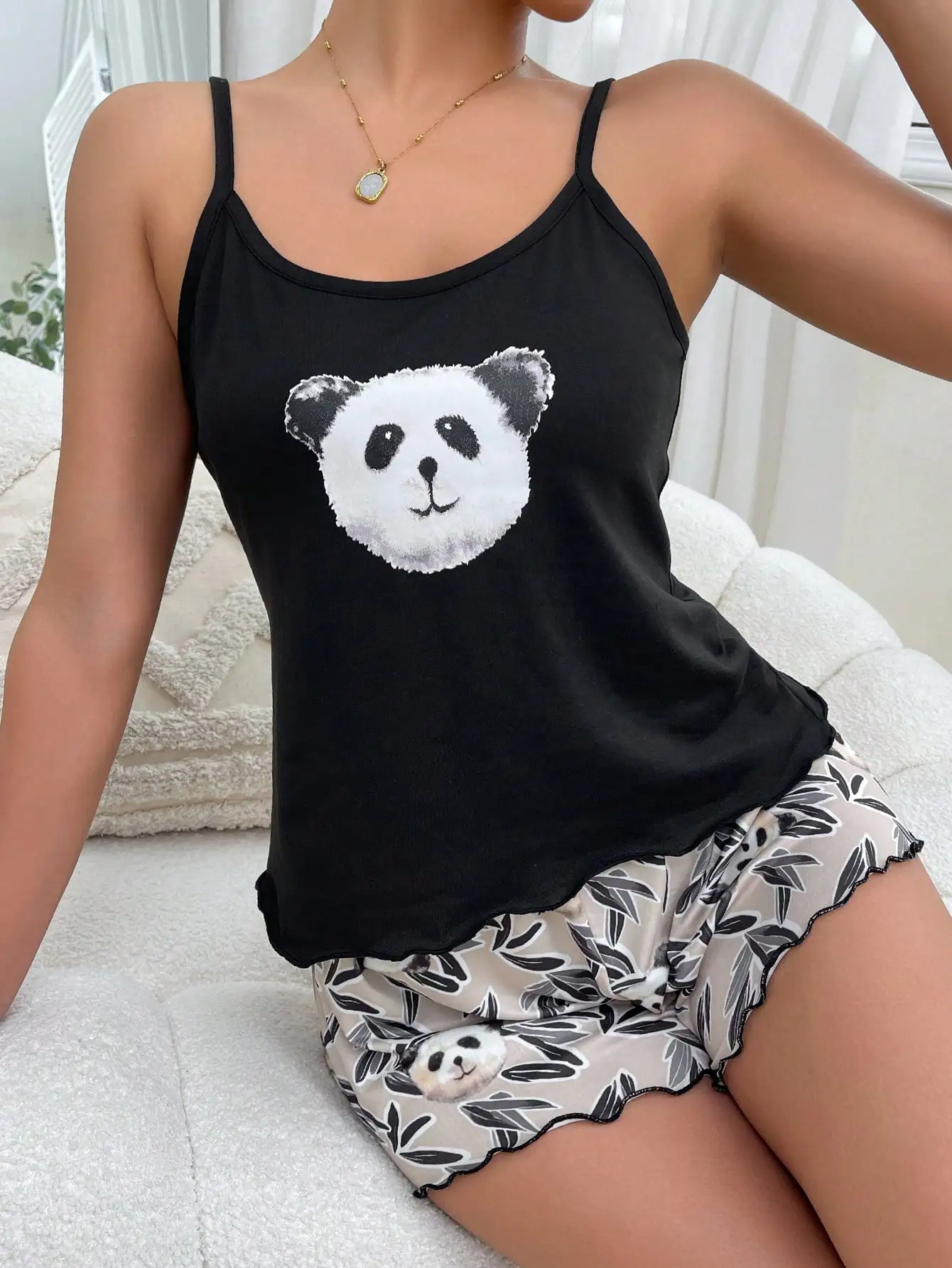 Women Pajamas Set Summer Sleepwear Panda Print Sleeveless Spaghetti Strap Top & Allover Prints Panda Bamboo Shorts Casual Soft