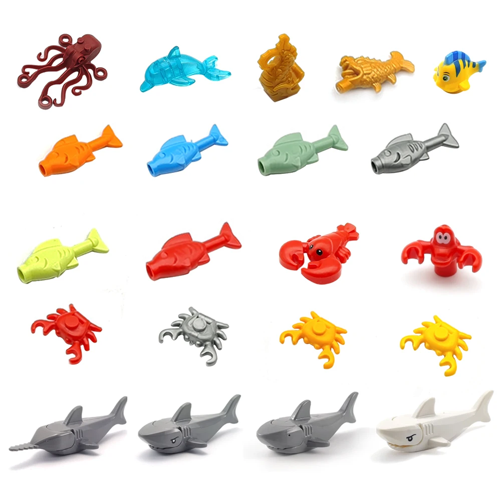 Blocos de construção de animais moc, animal marinho, polvo, golfinho, carpa, caranguejo, tubarão, camarão, lagosta e granchio eremita, brinquedo educacional diy para crianças