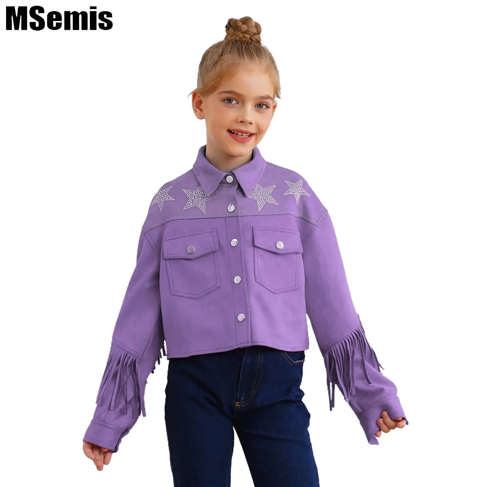 Kids Girls Tassels Jacket Turn-Down Collar Long Sleeve Outerwear Star Rhinestones Color Block Faux Suede Fringe Jacket