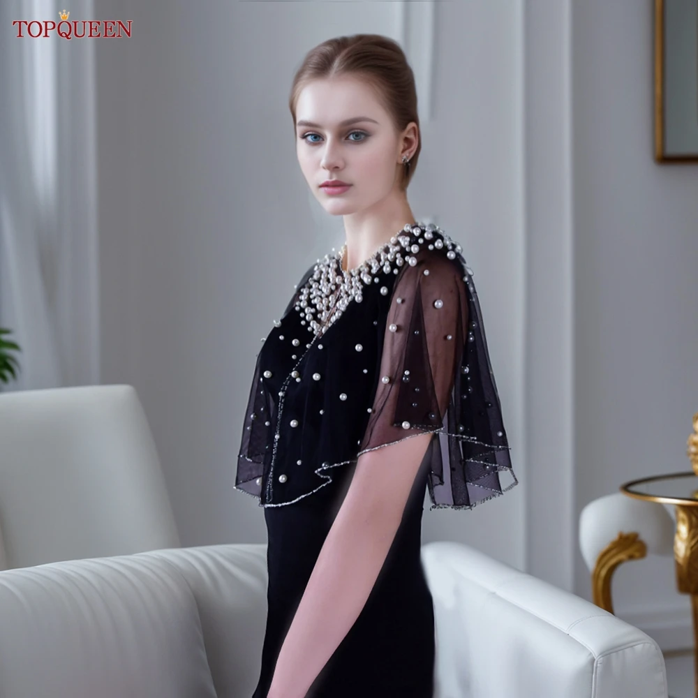 TOPQUEEN G31 Wedding Wraps Bridal Jackets for Wedding Dress Black Pearls Beaded Piping Round Neck Bridal Shawl Ladies Bolero DIY