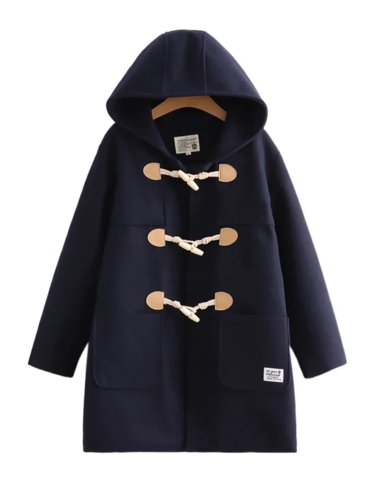 Winter Women Wool Blends Coat Straight Long Hooded Coats Jacket  Horn Button  Sleeve Preppy Style Female Warmness Outwears