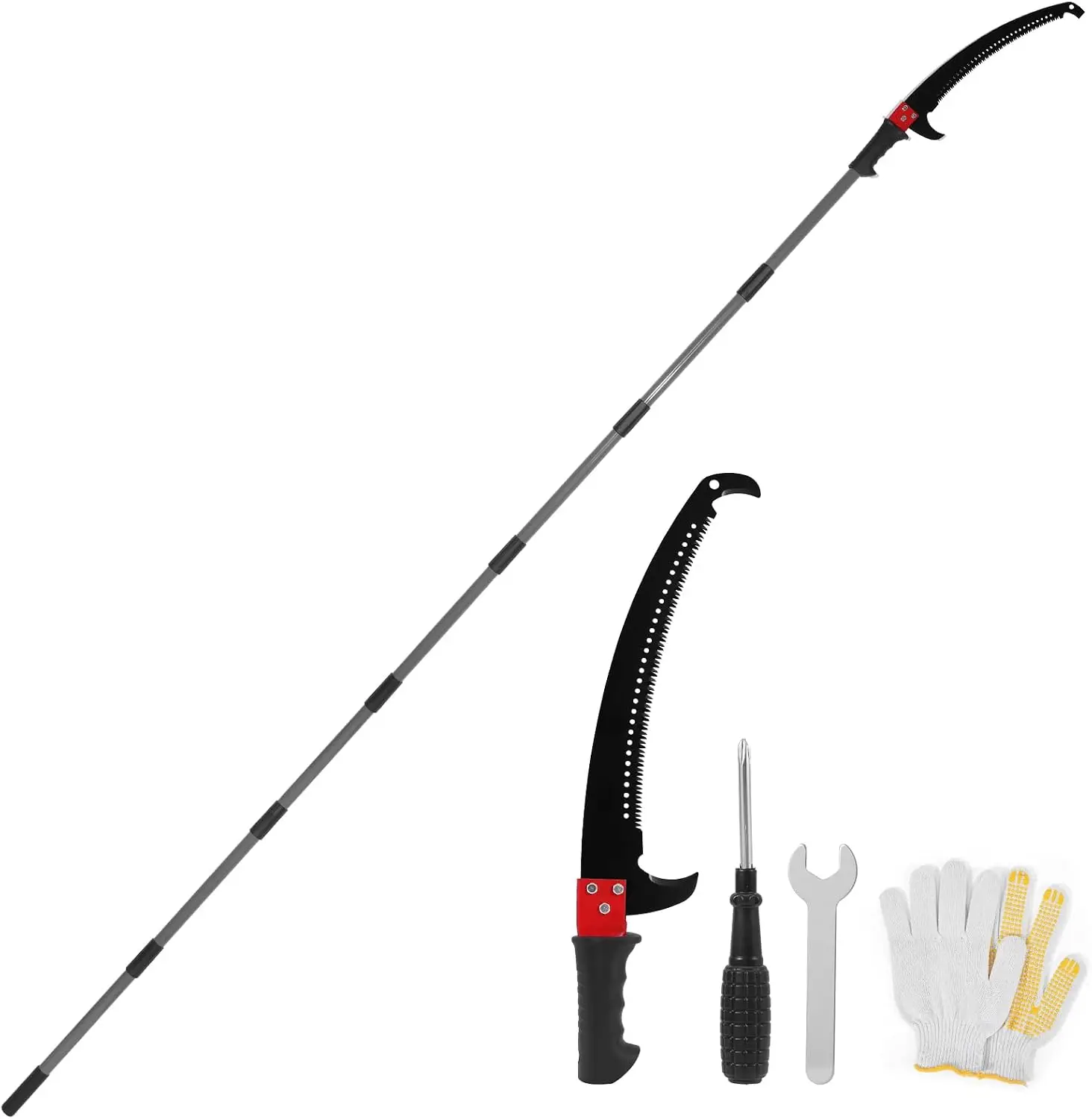 Manual Pole Saw,4.6-9.8 ft Extendable Tree Pruner, Sturdy 6 Section Steel Pole,High Carbon Steel Double-Hook Blade,Branch Trimmer for Low & Medium Branches, Shrubs, Garden, Patio and Yard Use
