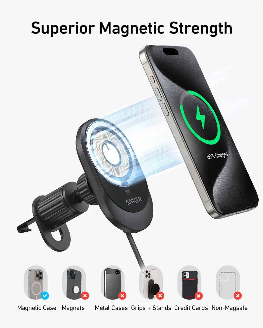 Anker Magnetic Wireless Charger Charging Station for iPhone 15, 15Plus, 15 Pro, 15 Pro Max, 14, 13, 12Series