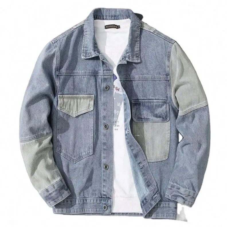 

High Street Men's Casual Patchwork Bomber Jeans Jacket Quilted Denim With Button Decoration Windproof Plus Size for Autumn