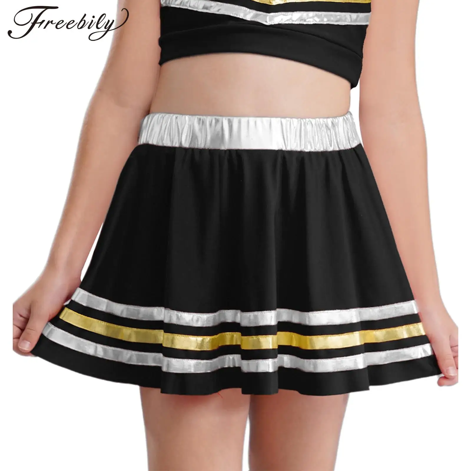 

Teen Girls Jazz Dance Cheerleading Performance Costume Elastic Waistband Metallic Striped Athletic Scooter Pleated Mini Skirts