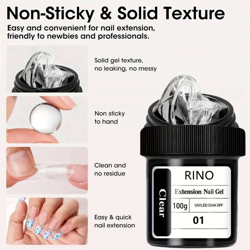 100g Non-Stick Hand Solid Nail Extension Gel -Clear Pink White Prolong Hard Gel 3D Carving Flower Nail Art Shaping Gel