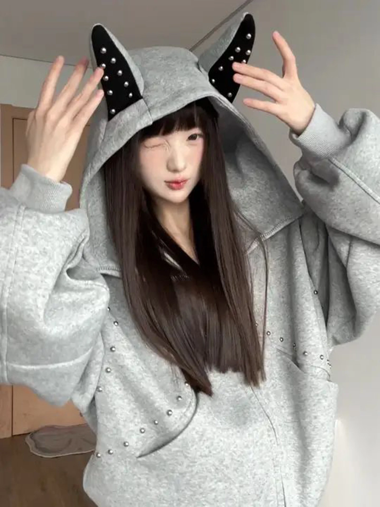 

Американская толстовка-худи унисекс из плотной ткани с заклепками и вставками, осенняя, в стиле кэжуал, для уличной моды, премиум-класса