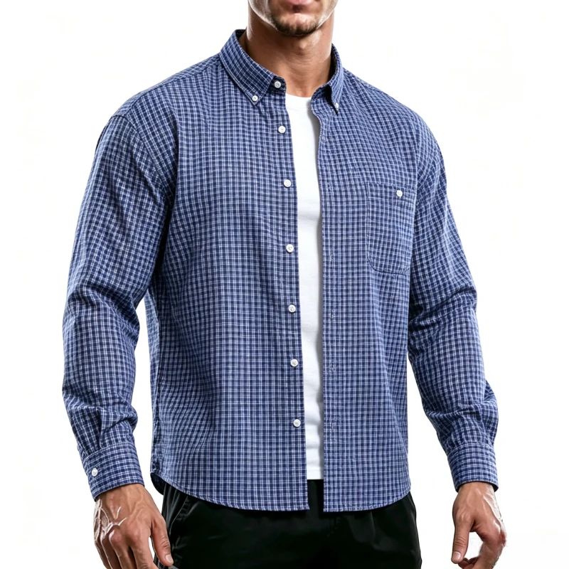 Men's Long-Sleeved Lapel Shirt All-Match Office Plaid Shirts Spring Autumn Business Casual Men's Buttons Workwear Dress Shirts