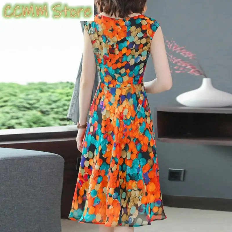 فستان ميدي شعبي بدون أكمام للتنقل ملابس نسائية كاجوال برقبة دائرية وخصر على شكل حرف a فساتين صيفية رفيعة مطبوعة عتيقة