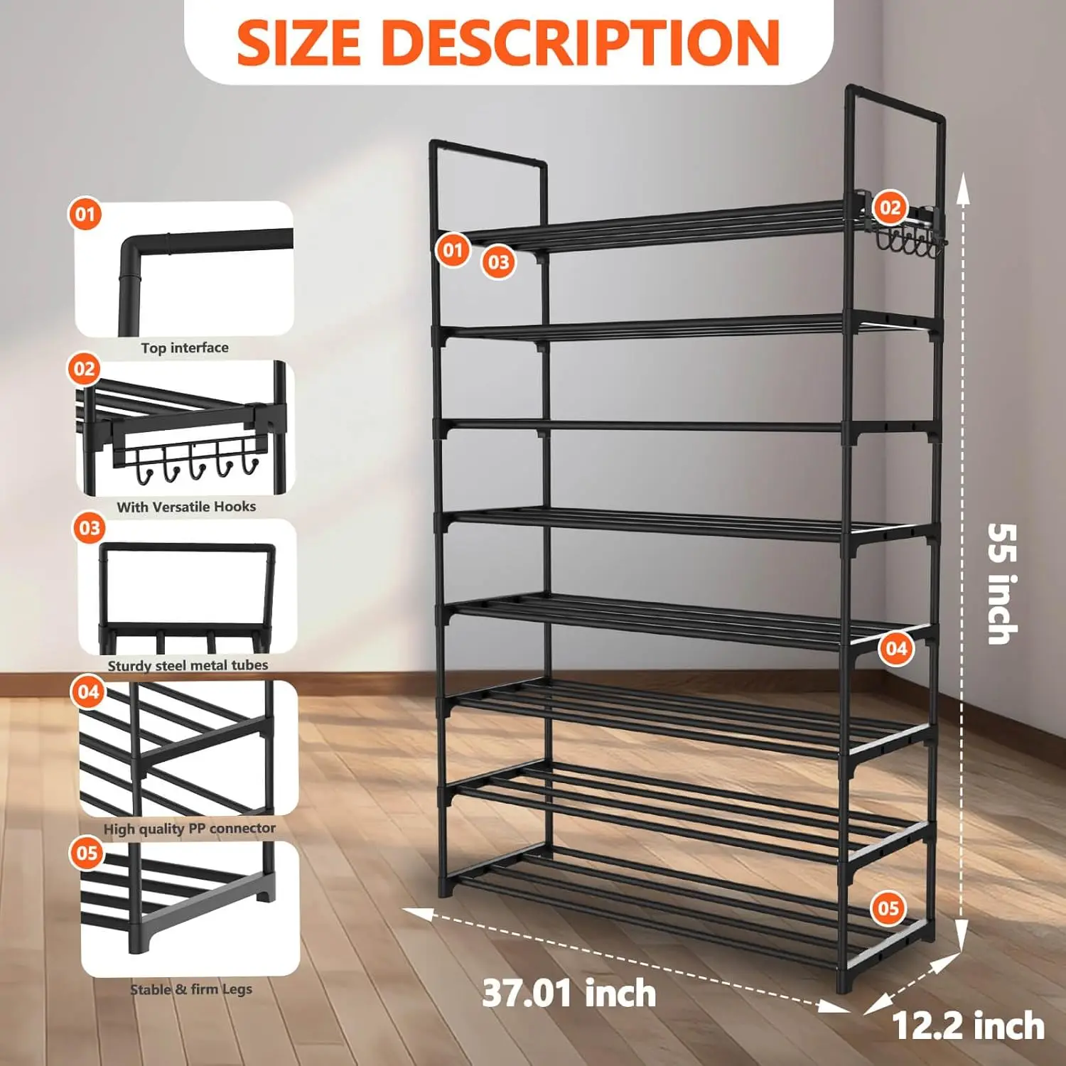 8 Tiers Metal Shoe Rack,Adjustable Shoe Shelf Storage Organizer with Hooks,Stackable Boot & Shoe Storage