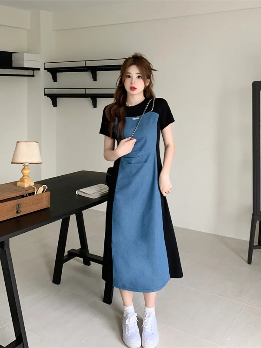 레트로 플러스 사이즈 임부복 여름 신상 하이웨이스트 슬림 스플라이스 스플릿 데님 스커트 배 가리기 A라인 드레스 한국 스타일