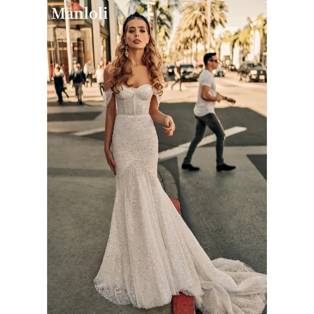 

Elegant Sweetheart Off Shoulder Sparkling Mermaid Wedding Dress Tulle Long Tailed Bridal Dress Formal Wedding Dress Custom
