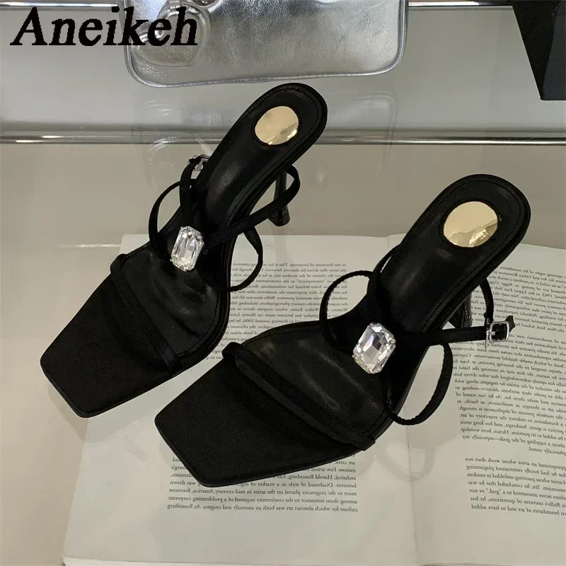 Aneikeh 2025 Roman Cross Water Diamond Square Head Open toed Sandals Thin Strip Metal Decoration High Heels Banquet Women Shoes