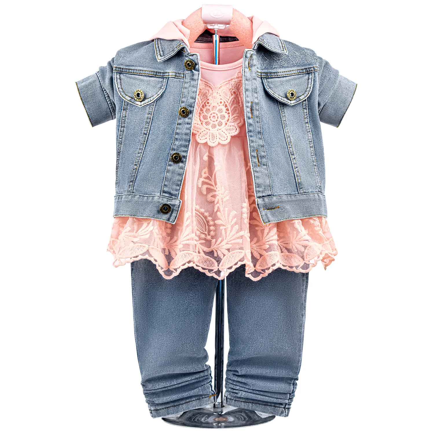 

1-5Years Spring Autumn Little Girl Outfits Baby Girl Denim Clothing Sets 3 pcs Long Sleeve Dress Denim Jacket and Jeans Trousers