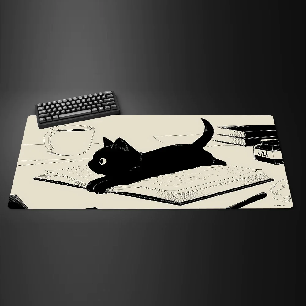 Black Ink Cat Anime Mouspad XL Extended Computer Keyboard Pad Large Cute Kawaii table mat Office With Anti-Slip Rubber Base pads