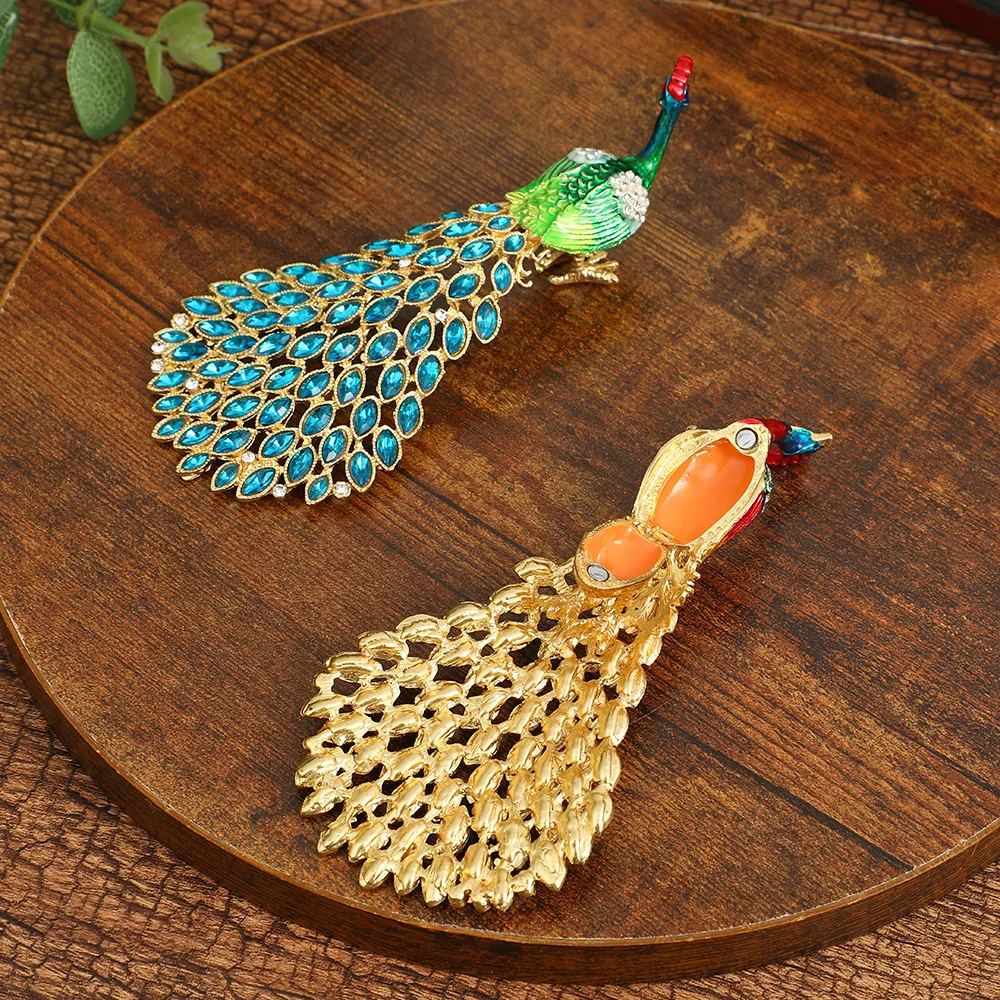 Enameled Peacock Jewelry Box Hand-Painted Collectible Figurine with Rhinestones Ideal for Rings and Earrings Perfect for Women