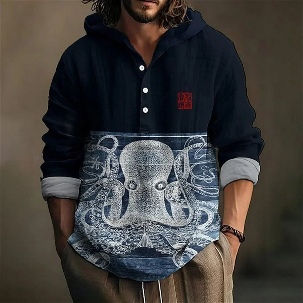 Fashion Spring Autumn Japanese Art Ink 3D Printed Octopus Shirt Men's Linen Hooded Long Sleeve Pullover Large Size Tops