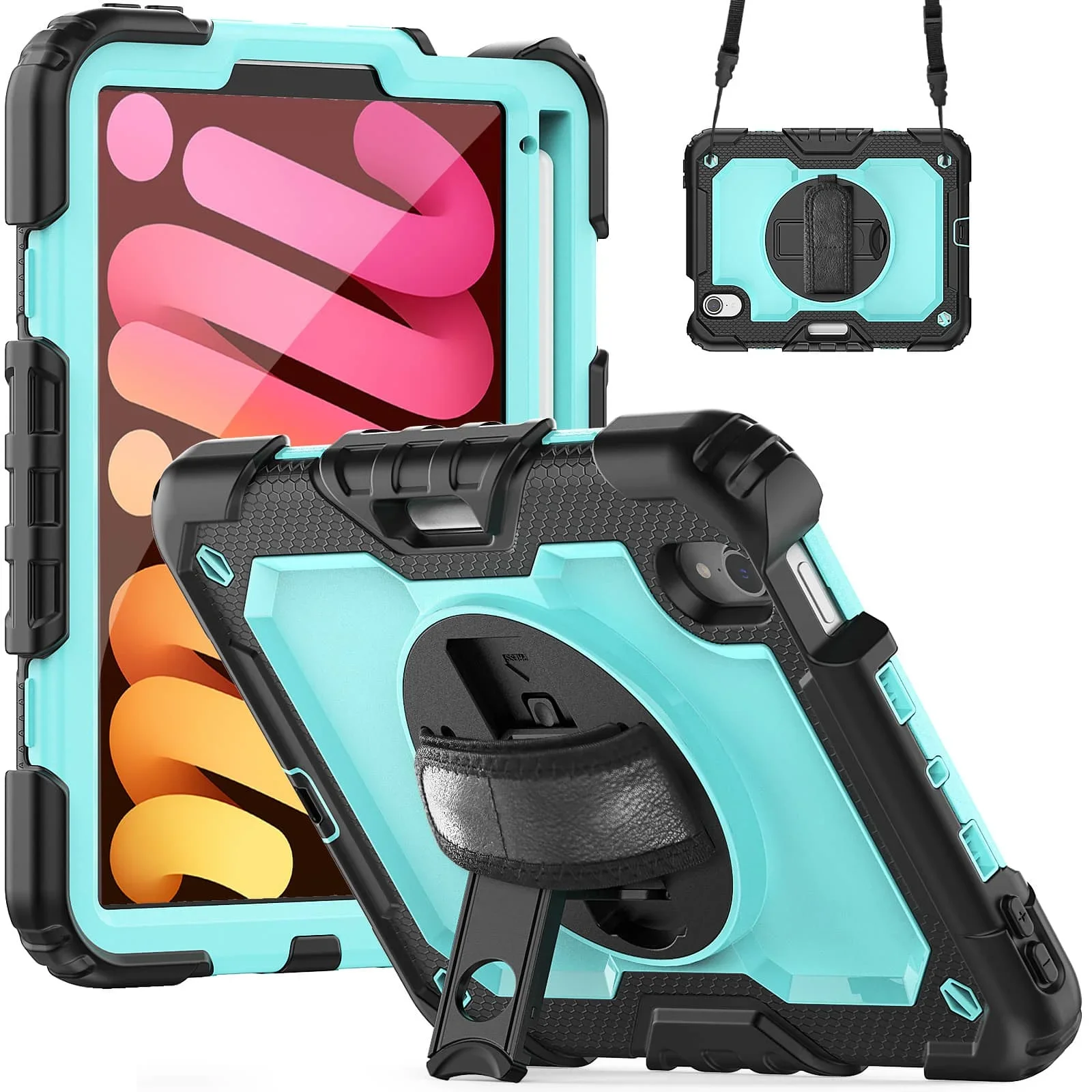 

Чехол для iPad Mini 7 (A17 Pro) 2024/Mini 6 8,3 дюйма с защитной пленкой для экрана, держателем для карандашей [обертовым ремешком на 360 градусов] и противоударной подставкой