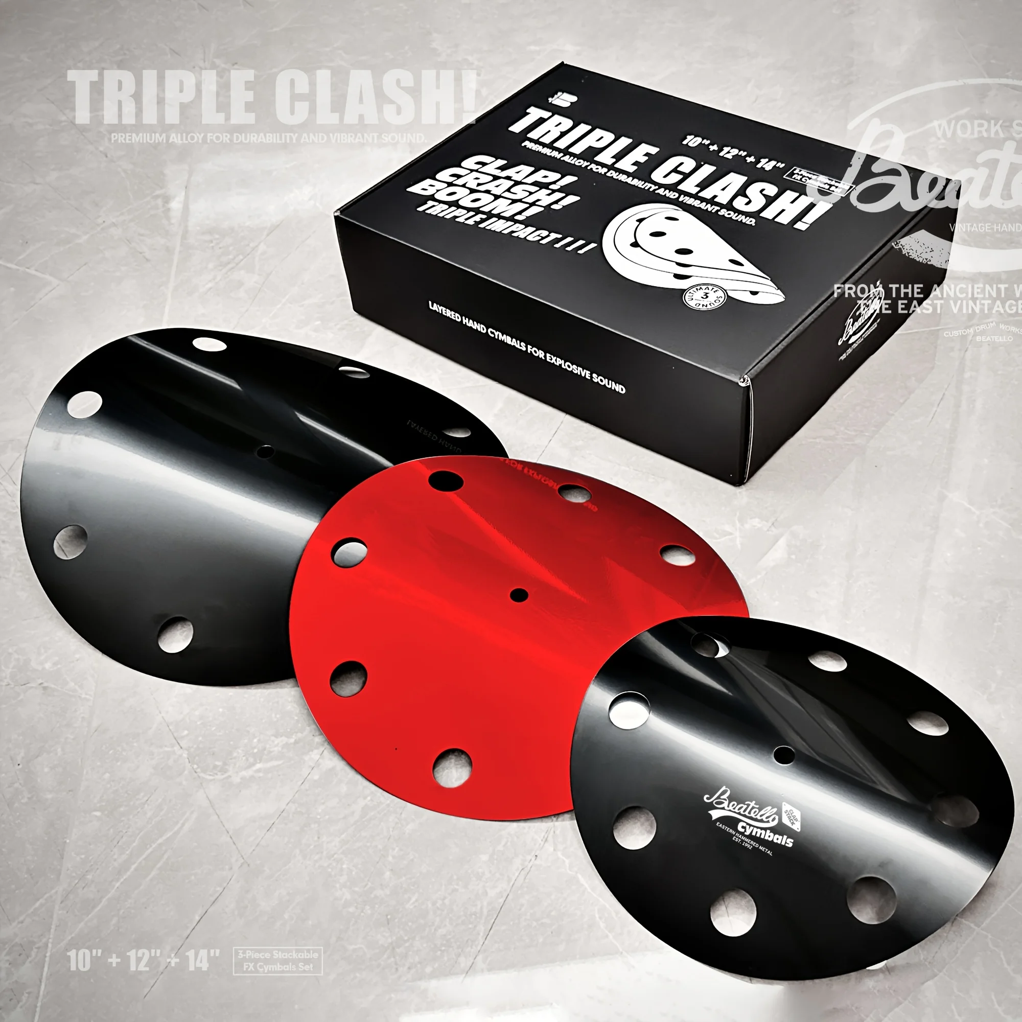 Effect Cymbals 3-Piece Set Stacked Black-Red-Black 14/12/10 Inch For Drum Set