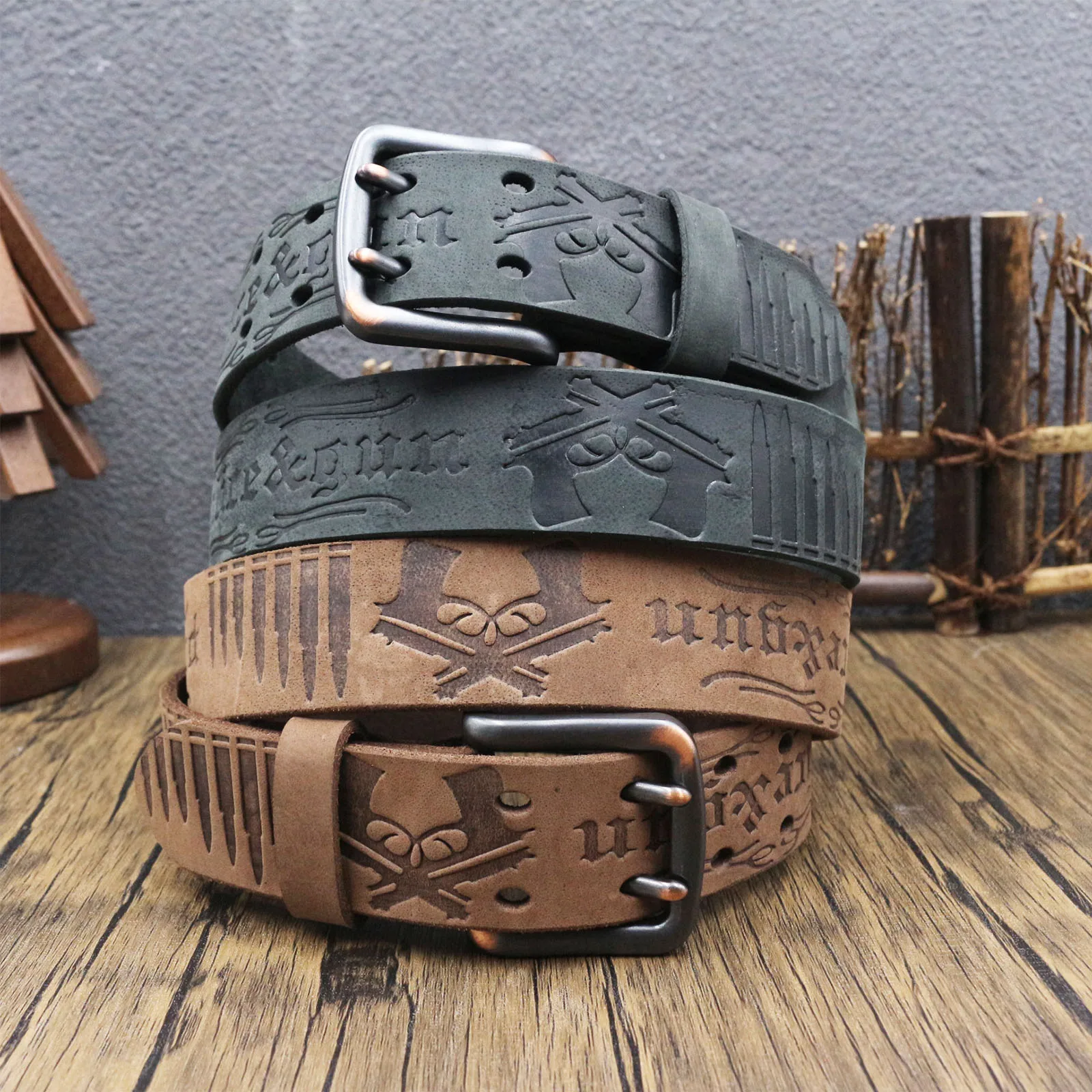 Retro Distressed Embossed Leather Belt for Men, Top Grain Cowhide, Pistol Bullet Engraved  Double Pin Buckle Trouser Belt