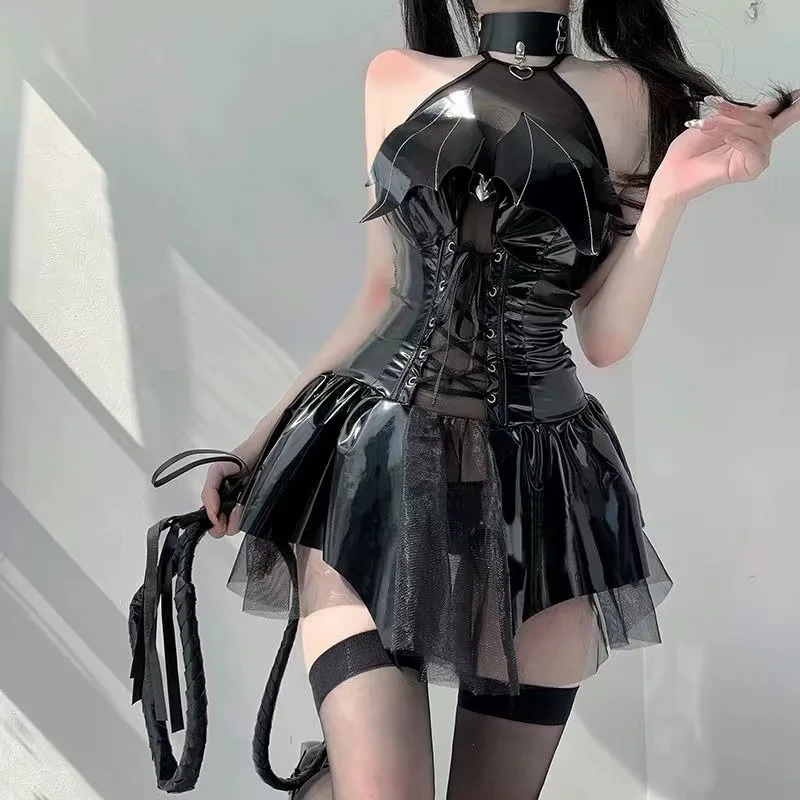 Disfraces de Navidad sin mangas con huecos de bruja oscura, vestido de juego de demonio, uniforme de lencería Sexy, disfraces de Halloween para mujer