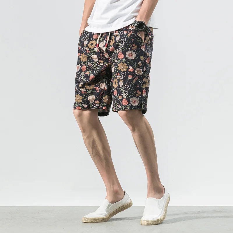 

Chinese Style Thin Cotton Linen Beach Shorts Summer Loose Plus Size Casual Five Pants 2022 Flower Shorts Casual Sweatpants Men