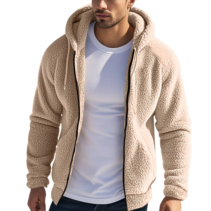 2024 American winter men\'s thickened warm double-sided velvet jacket zipper loose cardigan casual hooded jacket