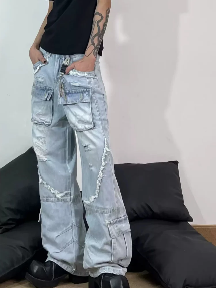 

Мужские джинсы-карго в американском стиле с рваными карманами, модные, прямого кроя, с эффектом потертости, полной длины