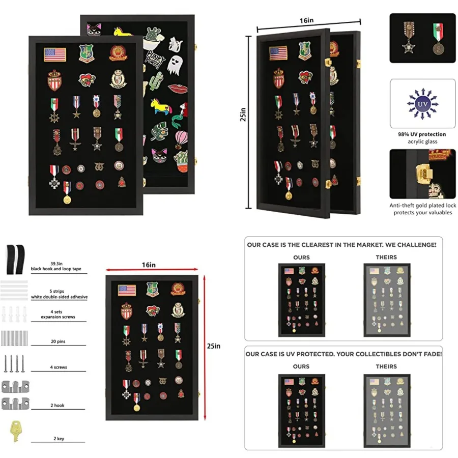 

Pin Display Case 16x25 Pin Collection Display Box Military Medal Display Frame with Uv Protection Acrylic Door for Beach Tags J