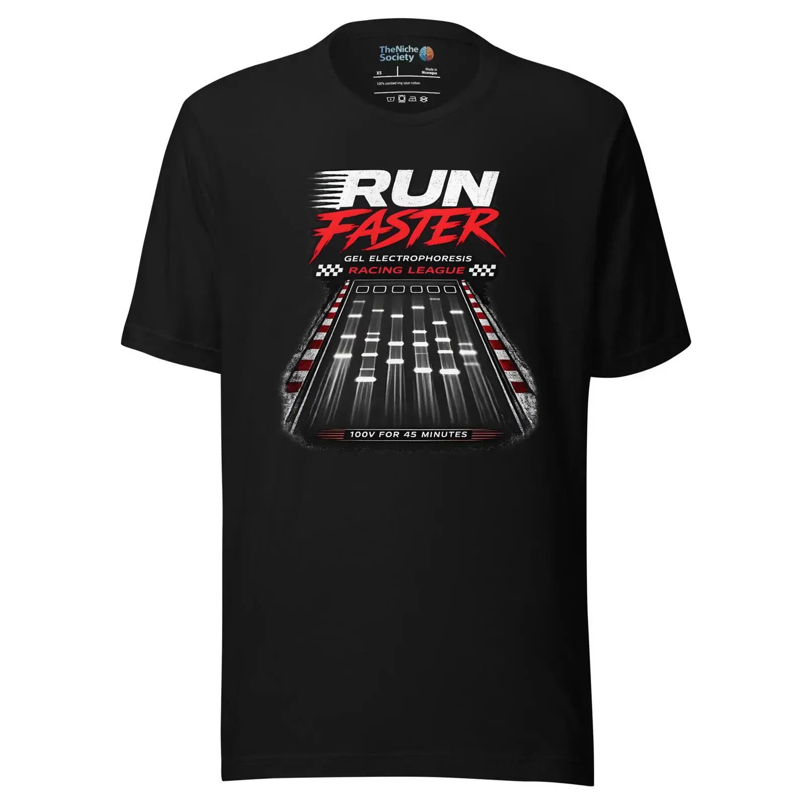 Run Faster Gel Electrophoresis Racing League T Shirt Funny Molecular Biology PCR Lab Scientist for Biologists vintage Washed