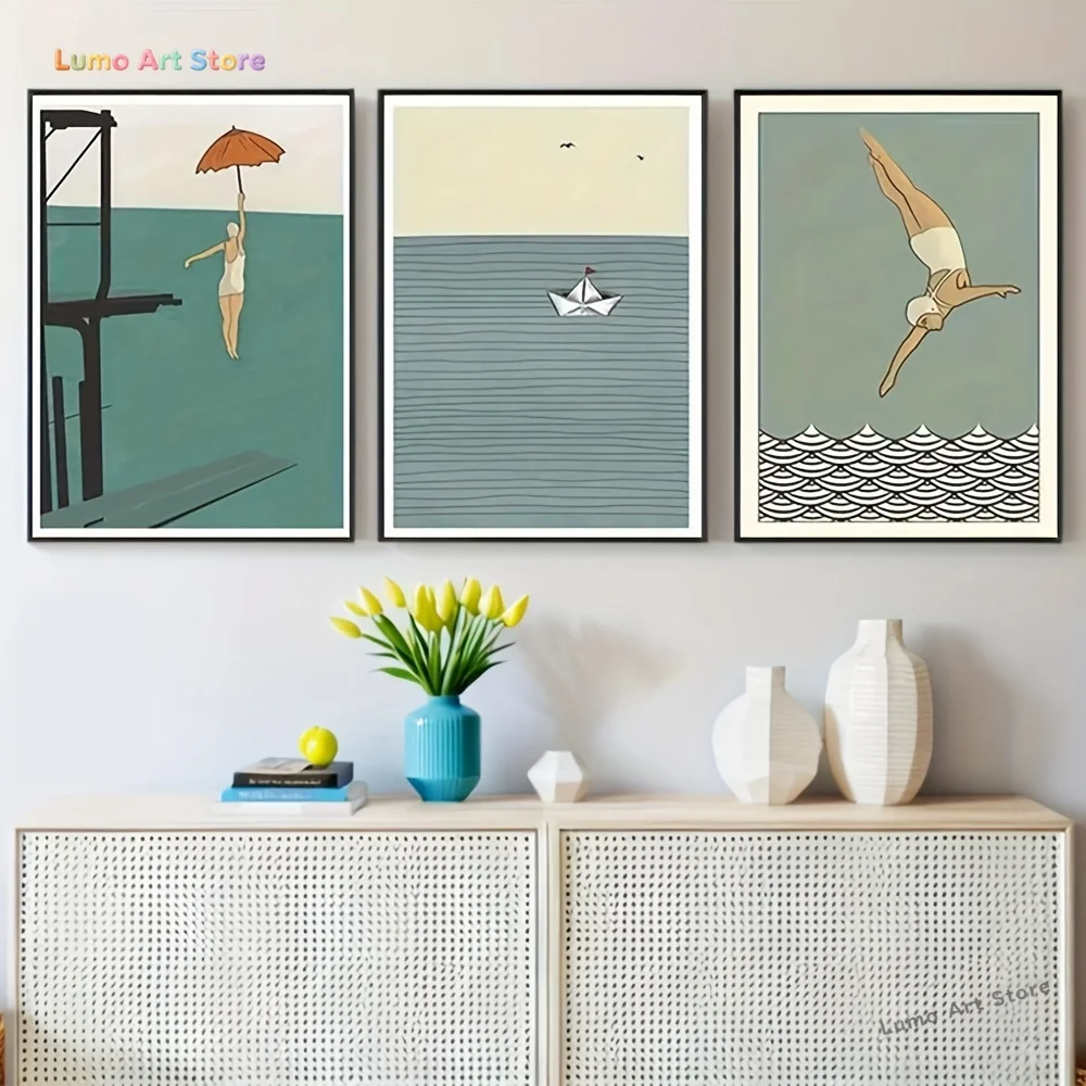 3pcs Minimalist Water Art Prints - Serene Seaside Illustrations with Woman with Umbrella, Paper Boat on Calm Waters, and Dive