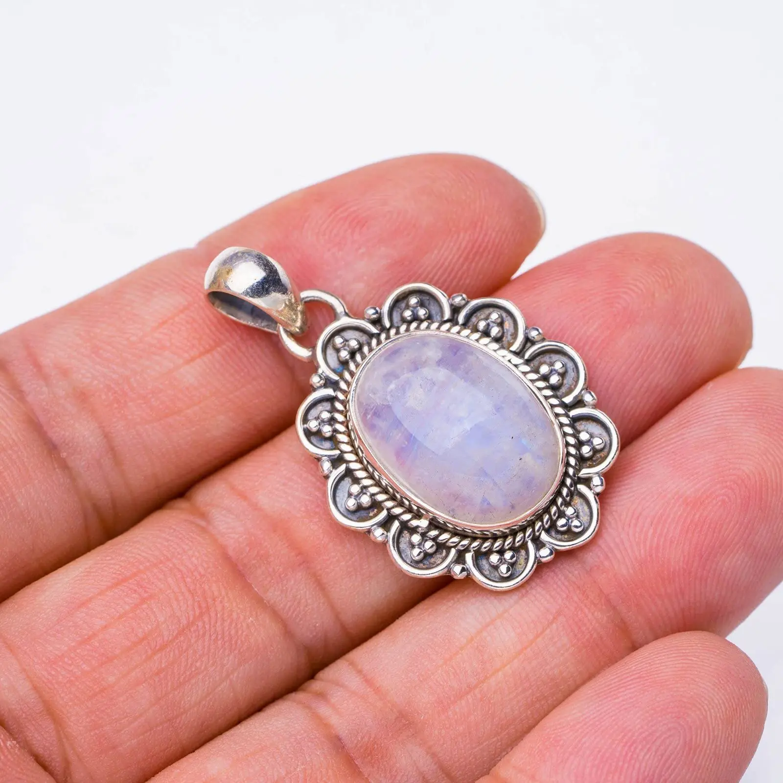 

StarGems® Natural Rainbow Moonstone Handmade 925 Sterling Silver Pendant 1.5" E3822