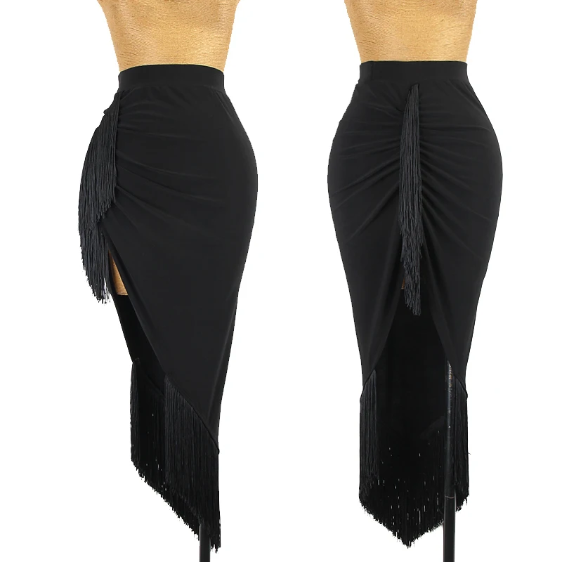 2022 Latin Dance Skirt Female Rumba Dance Costume Irregular Black Fringe Skirt Sexy Slit Performance Wear Salsa Skirt DNV16051