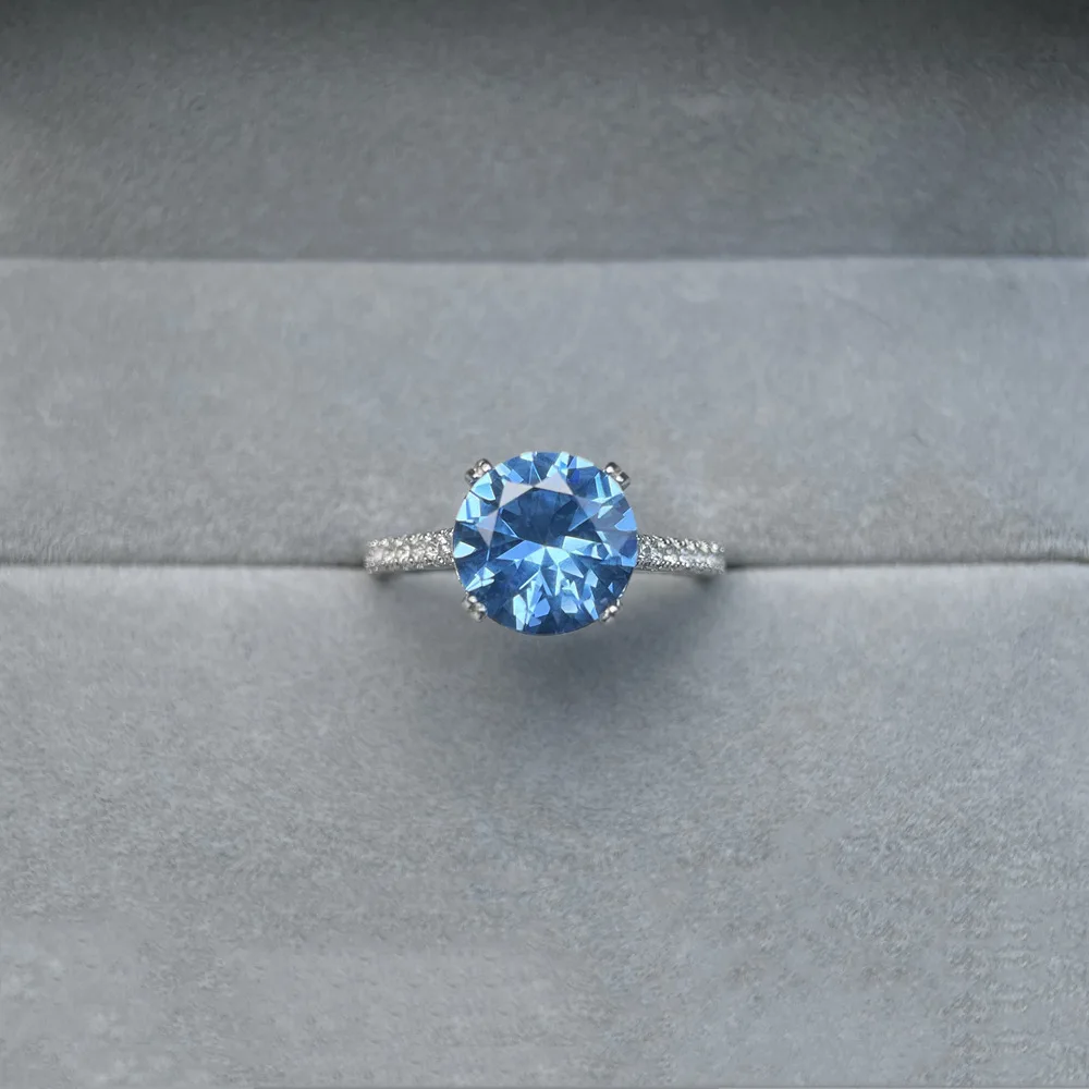 New Seiko inlaid round royal blue diamond ring women's S925 sterling silver ring European and American high-end jewelry