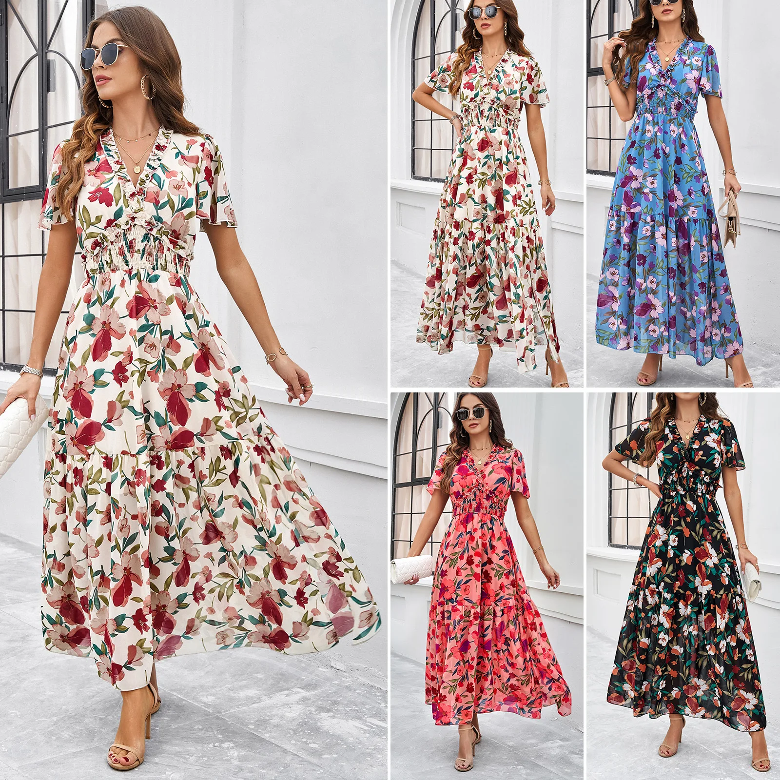

Cross-border European And American Women's Clothing Amazon Spring And Summer Foreign Trade Temperament Printing Waist Dress