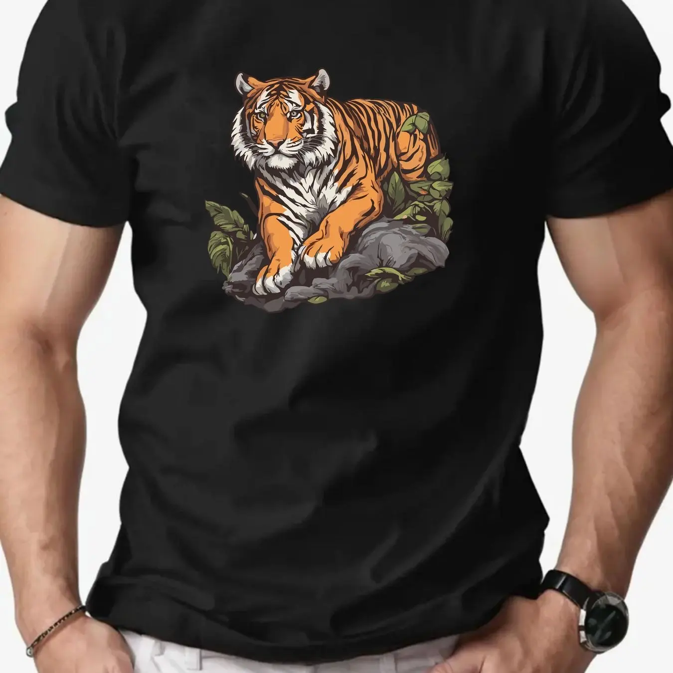 

Мужская хлопковая футболка с рисунком тигра, повседневная летняя футболка с круглым вырезом и короткими рукавами с ярким тигровым дизайном, мужская одежда обычного кроя