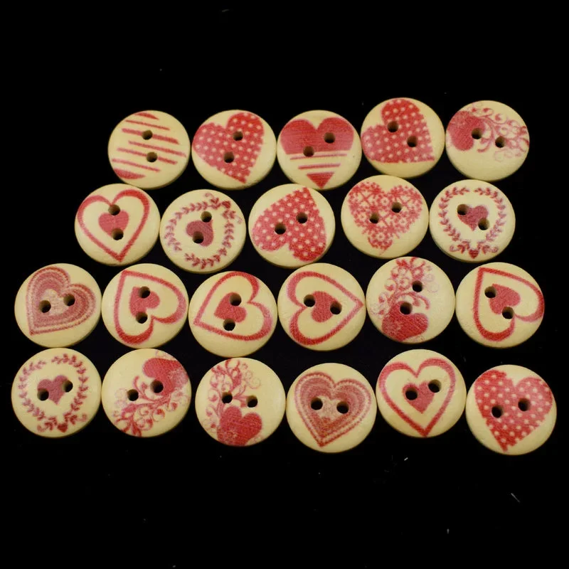 Red Heart Wooden Buttons for Handwork, Sewing Scrapbook, Clothing Crafts, Wedding, Christmas, 15mm, 20mm, 50P