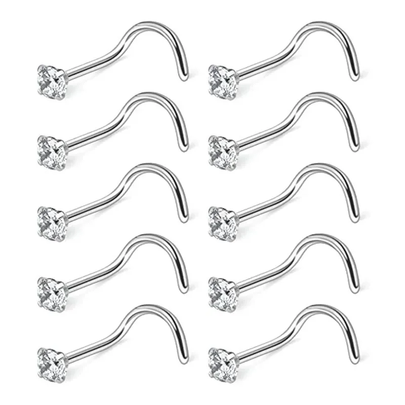 10 Pcs/Lot 1.2/2/2.5/3MM CZ Zircon Nose Studs Stainless Steel Screw I L Shaped Bone for Woman Man Body Piercing Jewelry 20G